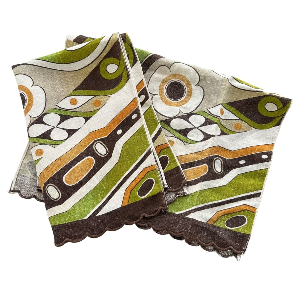 Vintage Napkin Set of 2 OS Green Brown 70s Retro Mod 60s Psychedelic Floral MCM